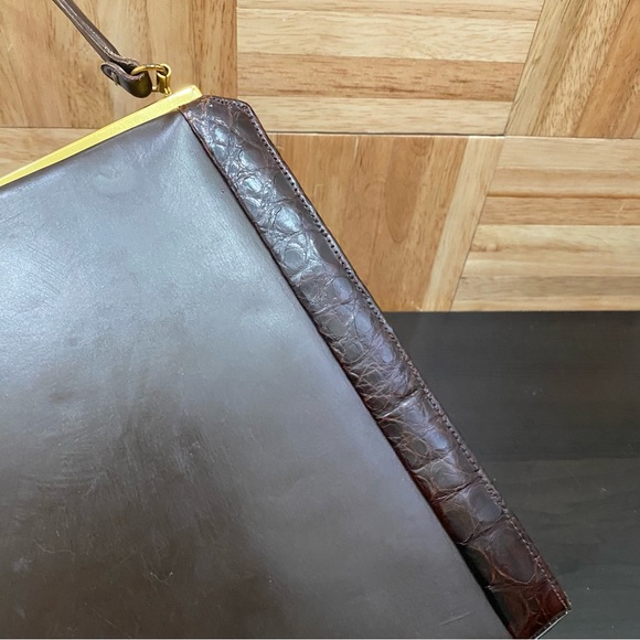 Vintage Sydney of California Brown Croc Leather Trim Top Handle Clutch Handbag - Picture 13 of 16
